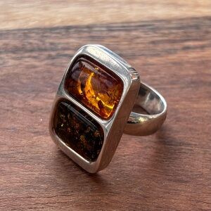 Chunky Sterling Silver Ring with Amber Stones